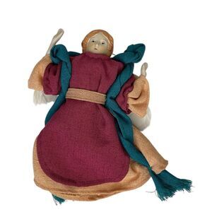Victorian Angel Christmas Tree Topper Figurine Porcelain Fabric Red Gold Green